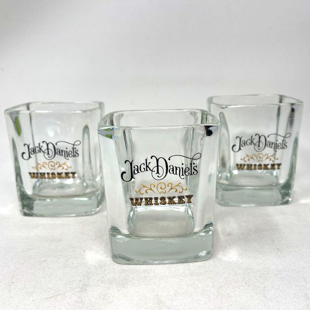 Jack Daniels Lowball Whiskey Square Glasses Set of 3 Vintage Barware *Excellent